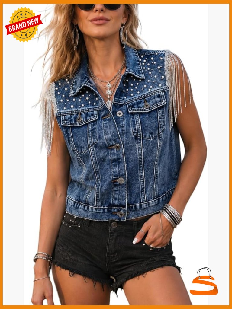 Pearls Beading Denim Vest Sleeveless Sequin Fringe Tassel Cowgirl Vest